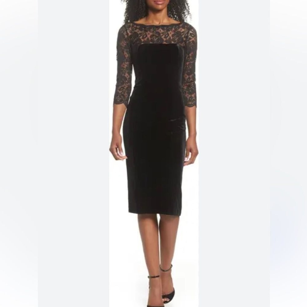 Eliza J lace & velvet sheath black midi dress 3/4 sleeves fully lined sz 8